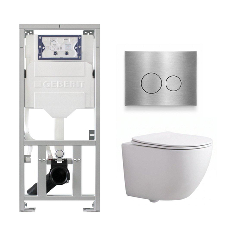 QeramiQ Dely Swirl Compact Toiletset - inbouwreservoir Geberit UP320 - met Burda frame - slim zitting - metalen bedieningsplaat RVS - ronde knoppen - glans wit SW1592290