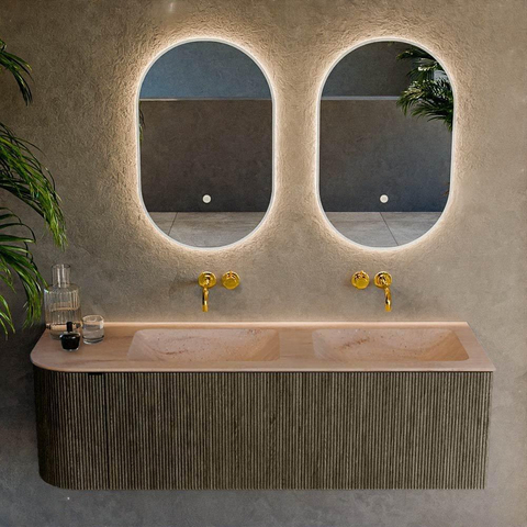 MONDIAZ KURVE-DLUX 145cm meuble de salle de bains arrondi à gauche couleur Shadow avec 1 tiroir et 1 porte. Lavabo LEAF double / à droite sans trou de robinet Saba. SW1433275