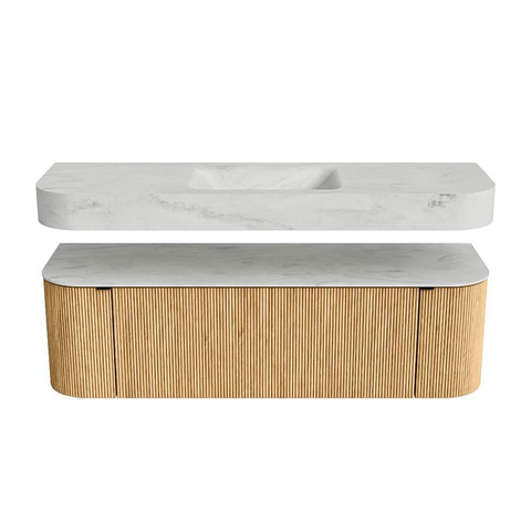 MONDIAZ THOR-DLUX 150cm badmeubel ronding links + rechts kleur Oak met 1 lade en 2 deuren. Vrijhangende wastafel CLOUD Midden 1 kraangat kleur Opalo. SW1464619