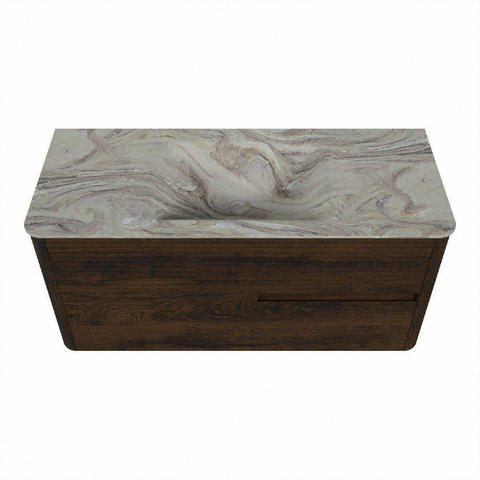 Mondiaz CIRO-DLUX Ensemble de meubles de salle de bains - 110x45x50cm - lavabo solid surface Glace - 1 vasque au centre - sans trous de robinet - 2 tiroirs - Noyer SW1530253