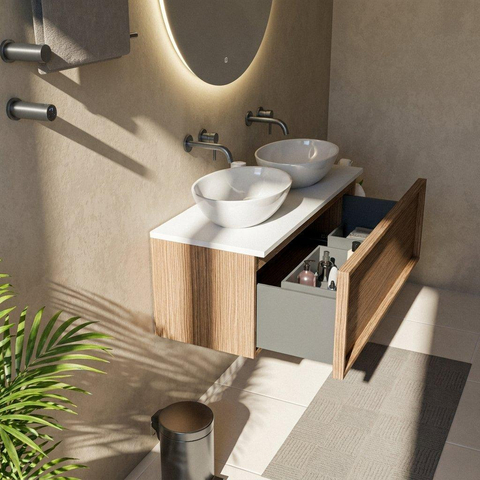 Saniclass Holz Frame Badkamermeubelset - 120x45x42.5cm - Torino solid surface topblad wit - zonder kraangat - 1 lade - mat eiken natural (hout) SW1478717