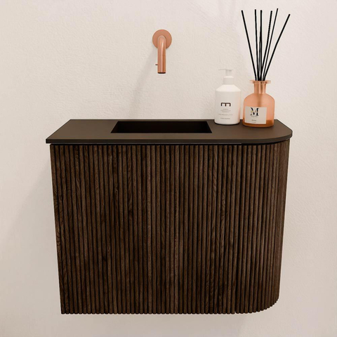 Mondiaz JOYA 51.6cm toiletmeubel - ronding rechts kleur Walnut - Wastafel FAYE positie Links Zonder kraangat kleur Urban. SW1421353