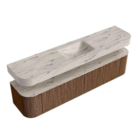MONDIAZ THOR-DLUX 200cm meuble de salle de bains arrondi gauche + droite couleur Walnut avec 2 tiroirs et 2 portes. Vasque suspendue CLOUD Milieu 1 trou de robinet couleur Nata. SW1467148