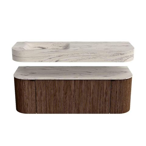 MONDIAZ THOR-DLUX 130cm meuble de salle de bains arrondi gauche + droite couleur Walnut avec 1 tiroir et 2 portes. Vasque suspendue CLOUD Gauche sans trou de robinet couleur Nata. SW1463865