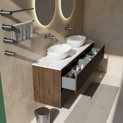 Saniclass Holz Atelier Badkamermeubelset - 160x45x62.5cm - Torino solid surface topblad wit - zonder kraangat - 4 lades - mat eiken charcoal (hout) SW1478829
