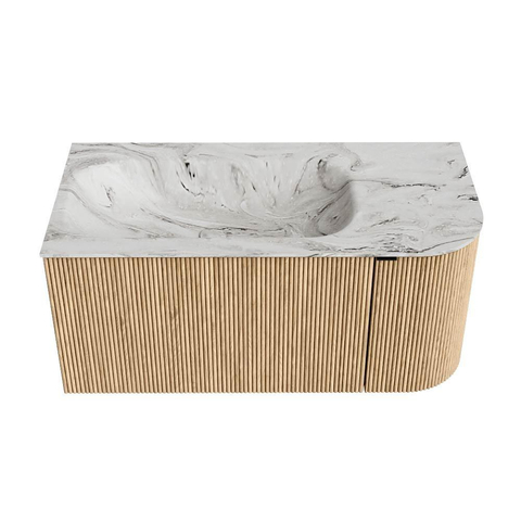 MONDIAZ KURVE-DLUX Meuble de salle de bains 95 cm avec module 25 R couleur Oak avec 1 tiroir et 1 porte. Lavabo BIG SMALL gauche sans trou de robinet couleur Glace. SW1137900