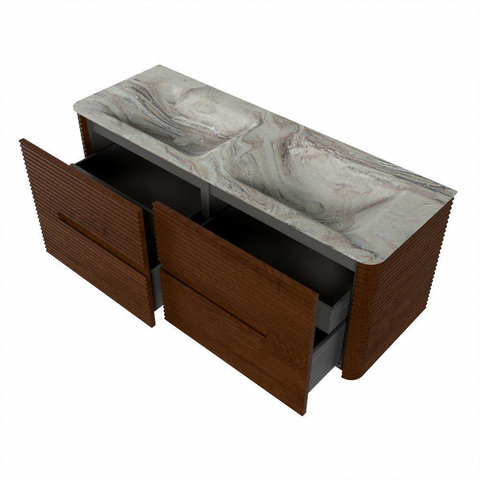 Mondiaz CIRO-DLUX Ensemble de meubles de salle de bains - 130x45x50cm - Plan vasque solid surface Glace - 2 vasques double - sans trous de robinetterie - 4 tiroirs - Ruby SW1531659