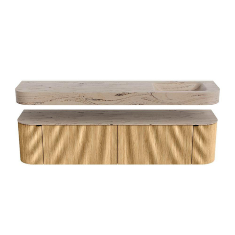 MONDIAZ THOR-DLUX 190cm meuble de salle de bains arrondi gauche + droite couleur Oak avec 2 tiroirs et 2 portes. Vasque suspendue CLOUD droite 1 trou de robinet couleur Arena. SW1466583