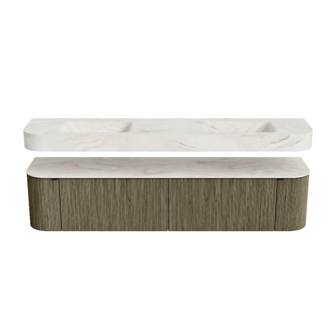 MONDIAZ THOR-DLUX 200cm meuble de salle de bains arrondi gauche + droite couleur Shadow avec 2 tiroirs et 2 portes. Vasque suspendue CLOUD Double 2 trous de robinet couleur Ostra. SW1467051