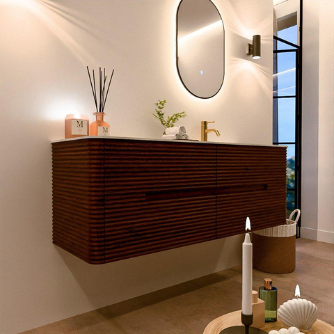 Mondiaz CIRO-DLUX Badkamermeubelset - 140x45x50cm - Solid surface wastafel Opalo - 1 wasbak Rechts - 1 kraangat - 4 lades - Ruby SW1531524