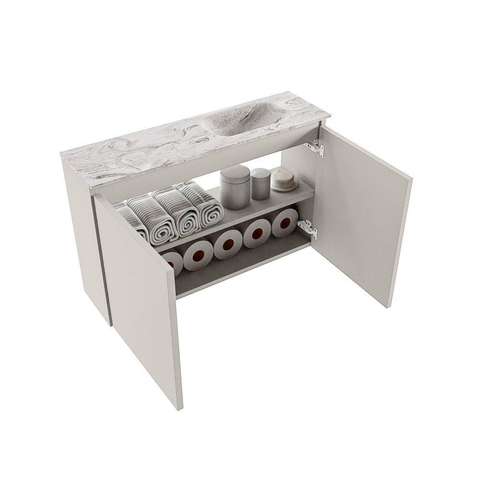 MONDIAZ TURE-DLUX Meuble de toilettes 80 cm Linen. EDEN lavabo Glace position à droite. Avec 1 trou de robinet. SW1103369