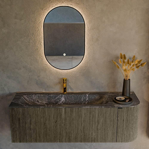 Mondiaz KURVE-DLUX Ensemble de meuble de salle de bains - 135x46x40cm - 1 tiroir - 1 porte - lavabo solid surface - gauche - 1 trou de robinet - Shadow SW1414663
