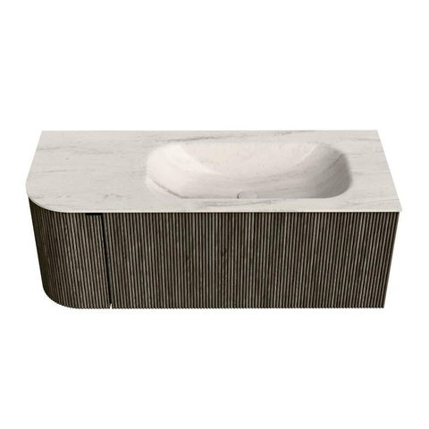 MONDIAZ KURVE-DLUX Meuble de salle de bains 115 cm arrondi à gauche couleur Shadow avec 1 tiroir et 1 porte. Lavabo BIG SMALL à droite sans trou de robinet Meli. SW1431778
