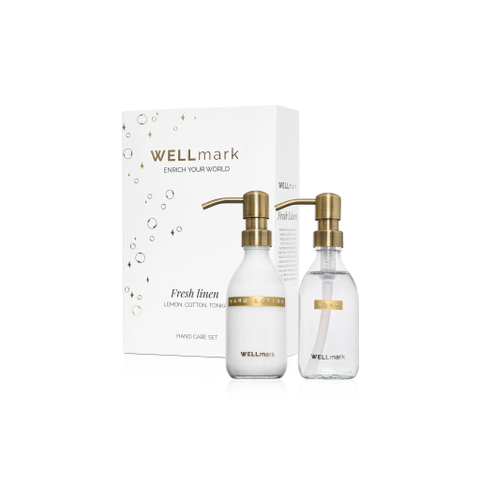Wellmark Handverzorgingsset - giftset - handcreme 250ml - handzeep 250ml - fresh linnen - helder glas - tekst: bubbles of joy SHOWROOMMODEL SHOW26761