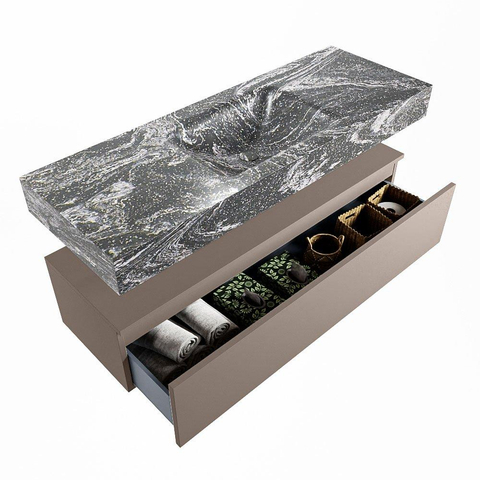Mondiaz ALAN-DLUX Ensemble de meuble - 130cm - meuble Smoke mat - 1 tiroir - Lavabo Cloud Lava suspendu - vasque Centre - 0 trous de robinet SW808157