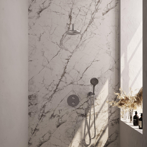 BRAUER Édition Brossée douche pluie thermostatique encastrée - 3 voies - rond - ensemble 81 - douche principale de 20 cm - bras mural courbé - douchette à main 3 positions - flexible de douche - coude mural - inox brossé PVD SW1159159