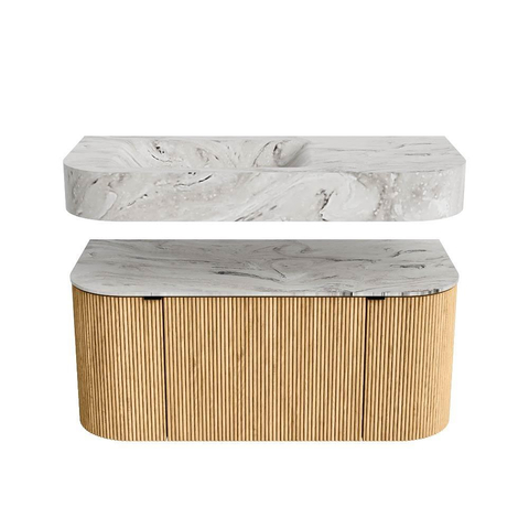 MONDIAZ THOR-DLUX 100cm badmeubel ronding links + rechts kleur Oak met 1 lade en 2 deuren. Vrijhangende wastafel CLOUD Links zonder kraangat kleur Glace. SW1467301