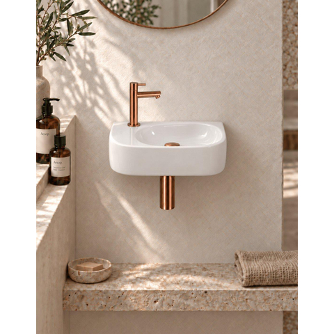 QeramiQ Fuente fonteinset – 40x21.5x12 cm – keramiek wit glans – kraangat links – geborsteld koperen kraan SW1232833