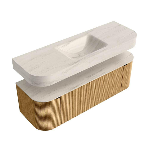 MONDIAZ THOR-DLUX Meuble de salle de bains 140cm arrondi gauche + droite couleur Oak avec 1 tiroir et 2 portes. Vasque suspendue CLOUD Milieu 1 trou de robinet couleur Meli. SW1464371