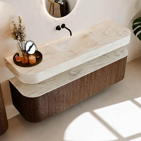 MONDIAZ THOR-DLUX 160cm badmeubel ronding links + rechts kleur Walnut met 1 lade en 2 deuren. Vrijhangende wastafel CLOUD Midden zonder kraangat kleur Ostra. SW1465008