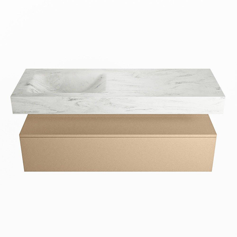 Mondiaz ALAN-DLUX Ensemble de meuble - 130cm - meuble Oro mat - 1 tiroir - Lavabo Cloud Opalo suspendu - vasque Gauche - 0 trous de robinet SW807002