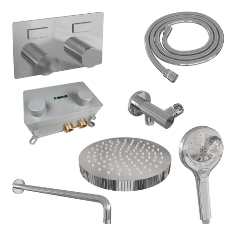 BRAUER Stripe Thermostatische Inbouw Regendouche - drukknoppen - SET 29 - 25cm douchekop - gebogen muurarm - 3-standen handdouche - doucheslang - wandaansluitbocht - chroom SW1434766