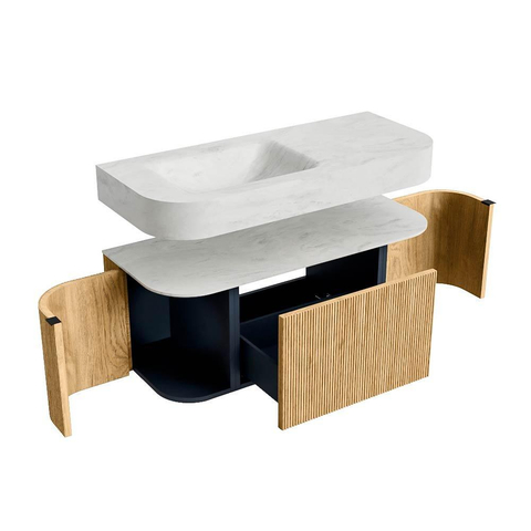 MONDIAZ THOR-DLUX Meuble de salle de bains 110cm arrondi gauche + droite couleur Chêne avec 1 tiroir et 2 portes. Vasque suspendue CLOUD Gauche 1 trou de robinet couleur Opalo. SW1462733