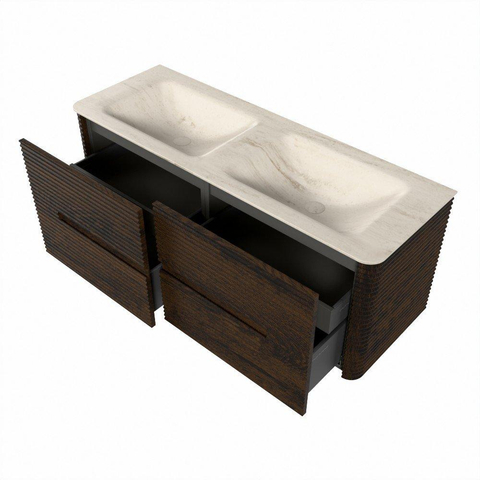 Mondiaz CIRO-DLUX Badkamermeubelset - 130x45x50cm - Solid surface wastafel Meli - 2 wasbak Dubbel - zonder kraangaten - 4 lades - Walnut SW1530487