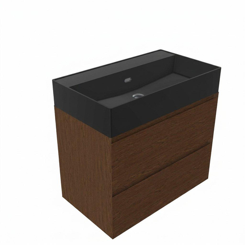 Saniclass Holz Pure Badkamermeubelset - 80x45x72cm - Legend keramische wastafel mat zwart - 1 wasbak - zonder kraangat - 2 lades - mat walnut pure (hout) SW1580174