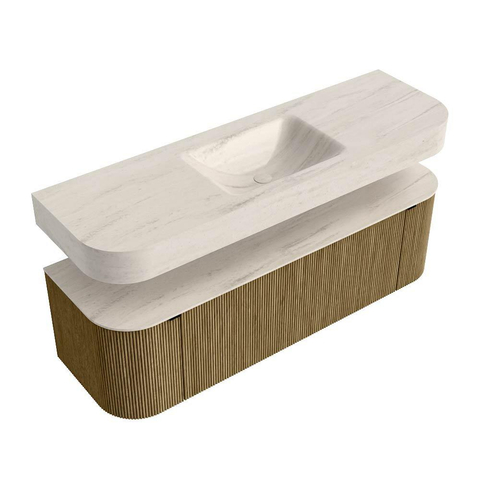 MONDIAZ THOR-DLUX 150cm meuble de salle de bains arrondi gauche + droite couleur Dusk avec 1 tiroir et 2 portes. Vasque suspendue CLOUD Milieu 1 trou de robinet couleur Meli. SW1464779