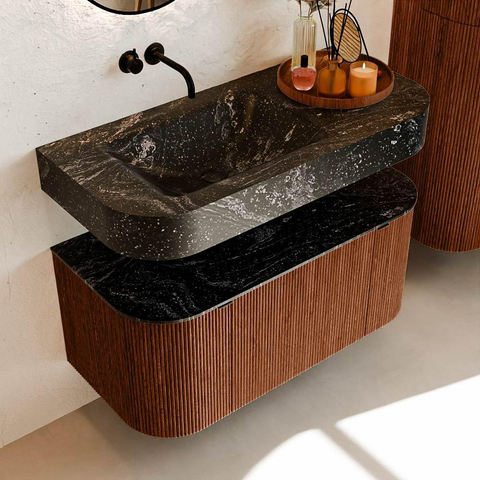 MONDIAZ THOR-DLUX Meuble de salle de bains - 100cm - arrondi gauche + droite - couleur Ruby - 1 tiroir - 2 portes - Vasque suspendue CLOUD Gauche sans trou de robinet - couleur Lava SW1467423