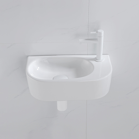 QeramiQ Fuente pack lave-mains – 40 x 21,5 x 12 cm – céramique blanc brillant – perçage à droite – robinet blanc mat SW1232801