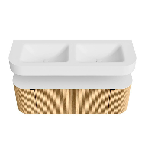 MONDIAZ THOR 130cm meuble de salle de bains arrondi gauche + droite couleur Oak avec 1 tiroir et 2 portes. Vasque suspendue CLOUD Double sans trou de robinet couleur Talc. SW1463712