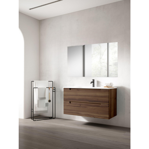 Saniclass Prime Balance Meuble de salle de bain - 100x55x45cm - 1 vasque ovale en céramique blanc - 1 trou de robinet - 2 tiroirs - miroir rectangulaire - noyer SW1159475
