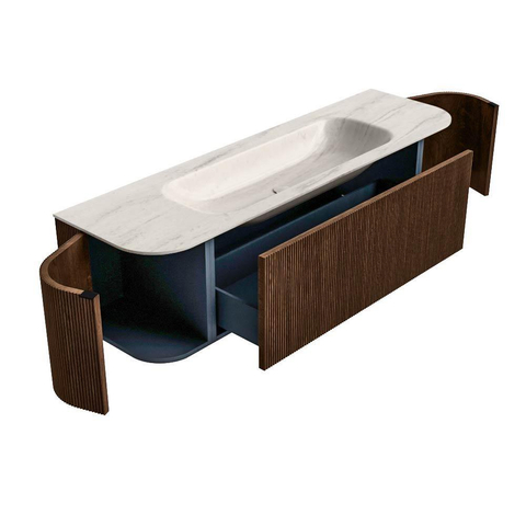 MONDIAZ KURVE-DLUX 160cm badmeubel ronding Links + Rechts kleur Walnut met 1 lade en 2 deuren. Wastafel BIG MEDIUM Midden zonder kraangat Meli. SW1431690