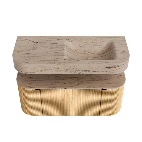 MONDIAZ THOR-DLUX 110cm badmeubel ronding links + rechts kleur Oak met 1 lade en 2 deuren. Vrijhangende wastafel CLOUD Rechts 1 kraangat kleur Arena. SW1462895
