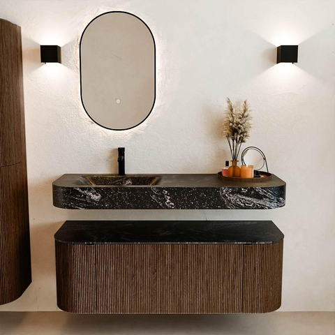 MONDIAZ THOR-DLUX 130cm badmeubel ronding links + rechts kleur Walnut met 1 lade en 2 deuren. Vrijhangende wastafel CLOUD Links 1 kraangat kleur Lava. SW1463610