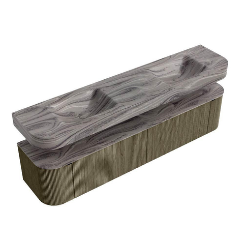 MONDIAZ THOR-DLUX 200cm meuble de salle de bains arrondi gauche + droite couleur Shadow avec 2 tiroirs et 2 portes. Vasque suspendue CLOUD Double sans trou de robinet couleur Sombra. SW1467291