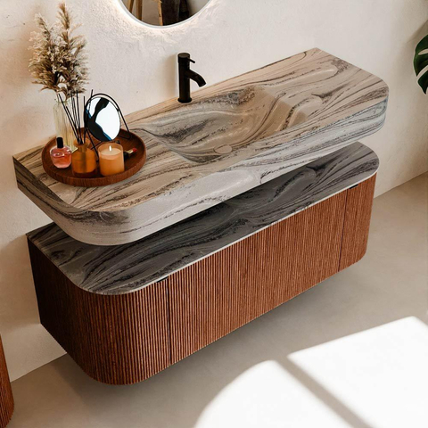 MONDIAZ THOR-DLUX Meuble de salle de bains 130cm arrondi gauche + droite couleur Ruby avec 1 tiroir et 2 portes. Vasque suspendue CLOUD Milieu 1 trou de robinet couleur Sombra. SW1464076
