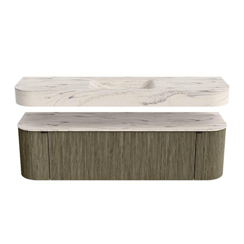 MONDIAZ THOR-DLUX 160cm meuble de salle de bains arrondi gauche + droite couleur Shadow avec 1 tiroir et 2 portes. Vasque suspendue CLOUD Milieu sans trou de robinet couleur Nata. SW1465294