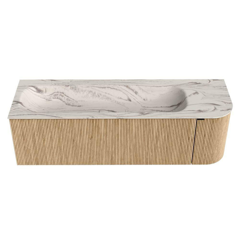 MONDIAZ KURVE-DLUX 145cm meuble de salle de bains courbe Droite couleur Oak avec 1 tiroir et 1 porte. Lavabo BIG LARGE Gauche sans trou de robinet Nata. SW1432097