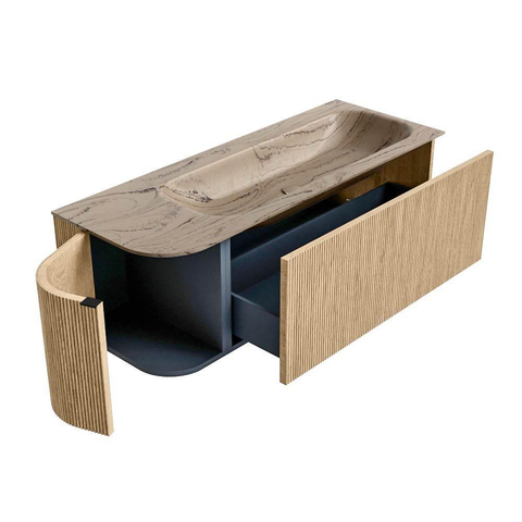MONDIAZ KURVE-DLUX Meuble de salle de bains 125cm arrondi gauche couleur Chêne avec 1 tiroir et 1 porte. Lavabo BIG MEDIUM droit 1 trou de robinet Arena. SW1431106