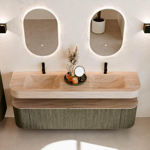 MONDIAZ THOR-DLUX 180cm meuble de salle de bains arrondi gauche + droite couleur Shadow avec 2 tiroirs et 2 portes. Vasque suspendue CLOUD Double 2 trous de robinet couleur Saba. SW1466255