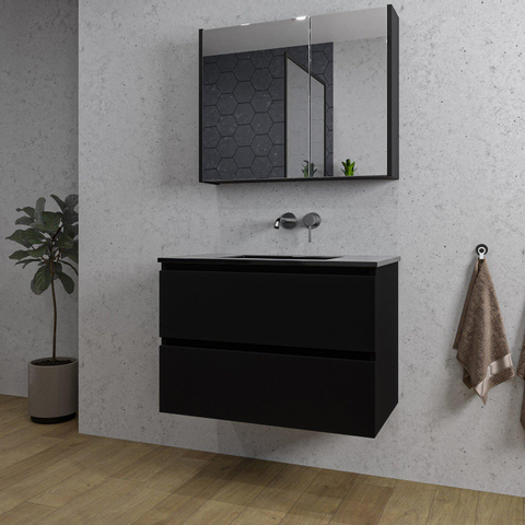 Saniclass Chaci Meuble de salle de bain - 80x46x55cm - lavabo en céramique noir - 1 vasque - sans trou de robinet - 2 tiroirs - armoire miroir - noir mat SW856580