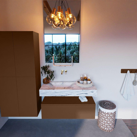 Mondiaz ALAN-DLUX Ensemble de meuble - 100cm - meuble Rust mat - 1 tiroir - Lavabo Cloud Glace suspendu - vasque Gauche - 0 trous de robinet SW806103