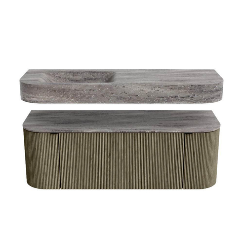 MONDIAZ THOR-DLUX 130cm badmeubel ronding links + rechts kleur Shadow met 1 lade en 2 deuren. Vrijhangende wastafel CLOUD Links zonder kraangat kleur Oza. SW1464031