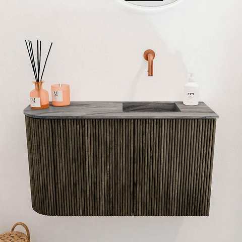 Mondiaz JOYA-DLUX 71,6 cm meuble WC - arrondi à gauche couleur Shadow - Lavabo FAYE position à droite sans trou de robinet couleur Sombra. SW1425226