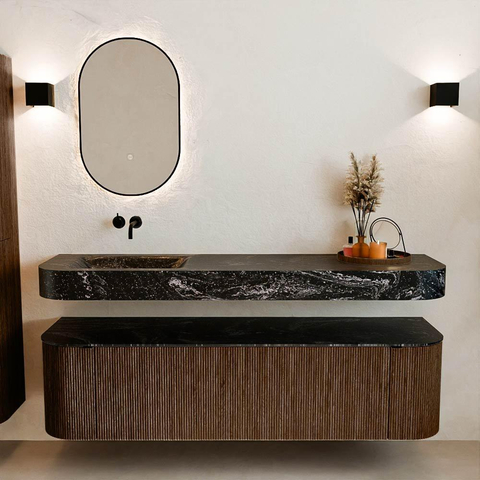 MONDIAZ THOR-DLUX 170cm meuble de salle de bains arrondi gauche + droite couleur Walnut avec 1 tiroir et 2 portes. Vasque suspendue CLOUD Gauche sans trou de robinet couleur Lava. SW1465584
