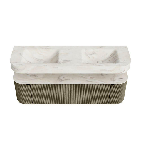 MONDIAZ THOR-DLUX 160cm meuble de salle de bains arrondi gauche + droite couleur Shadow avec 1 tiroir et 2 portes. Vasque suspendue CLOUD Double 2 trous de robinet couleur Ostra. SW1465118