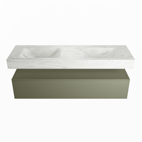 Mondiaz ALAN-DLUX Ensemble de meuble - 150cm - meuble Army mat - 1 tiroir - Lavabo Cloud Opalo suspendu - vasque Gauche et droite - 2 trous de robinet SW806944